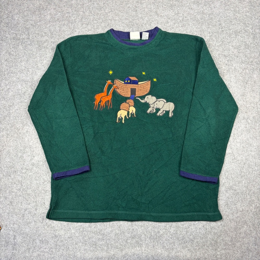 Vintage Jason Noahs Ark Embroidered Fleece Pullover Green XL Animals 90s